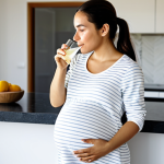 A pregnant woman, appearing serene and comfortable, in her first trimester, wearing modest, light-colored loungewear. She is gently holding a simple dry cracker or sipping from a glass of lemon water in a softly lit, modern home kitchen. The background features blurred, clean countertops and a window letting in natural light. The overall atmosphere is calm and supportive. fully clothed, appropriate attire, modest clothing, safe for work, appropriate content, family-friendly, perfect anatomy, correct proportions, natural pose, well-formed hands, proper finger count, natural body proportions, professional photography, high quality.