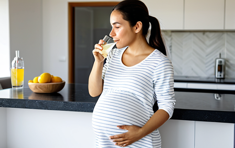 A pregnant woman, appearing serene and comfortable, in her first trimester, wearing modest, light-colored loungewear. She is gently holding a simple dry cracker or sipping from a glass of lemon water in a softly lit, modern home kitchen. The background features blurred, clean countertops and a window letting in natural light. The overall atmosphere is calm and supportive. fully clothed, appropriate attire, modest clothing, safe for work, appropriate content, family-friendly, perfect anatomy, correct proportions, natural pose, well-formed hands, proper finger count, natural body proportions, professional photography, high quality.