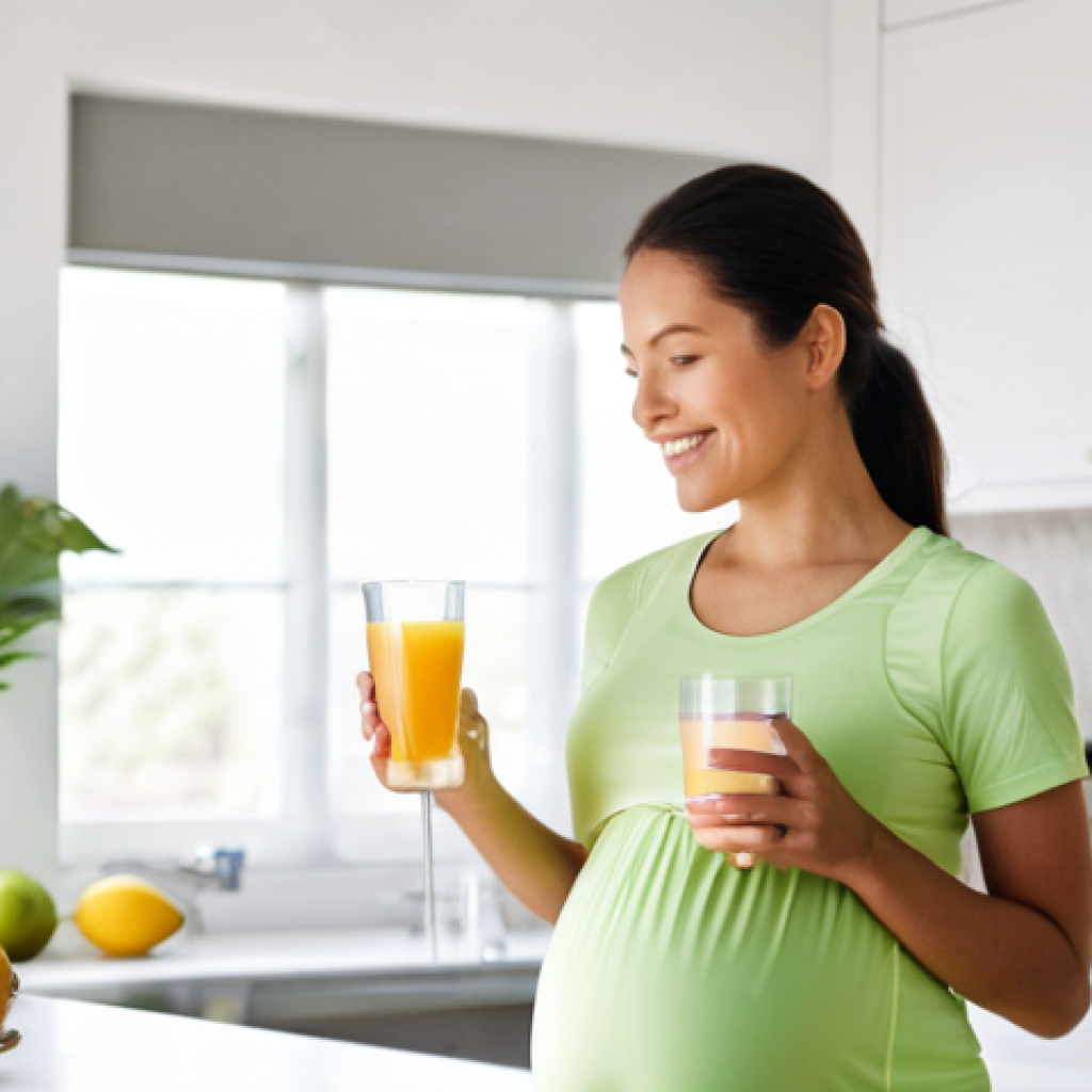 임신 중 변비 해결 방법 - **Prompt:** A serene and radiant pregnant woman, in her second trimester, holding a glass of fresh w...