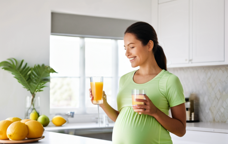 임신 중 변비 해결 방법 - **Prompt:** A serene and radiant pregnant woman, in her second trimester, holding a glass of fresh w...