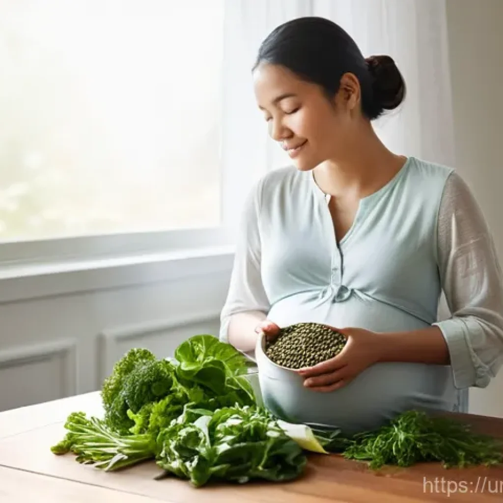 임신 중 필요한 영양제와 복용 시기 - **Prompt:** A serene, young pregnant woman in her first trimester, with a subtle baby bump, gently c...