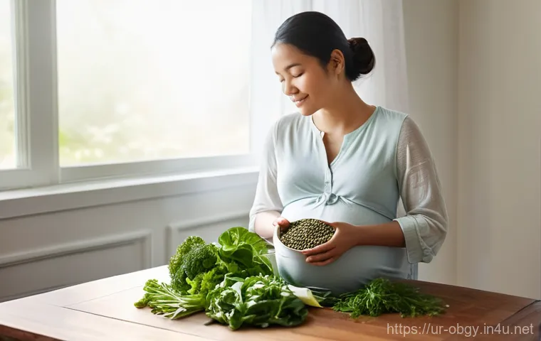 임신 중 필요한 영양제와 복용 시기 - **Prompt:** A serene, young pregnant woman in her first trimester, with a subtle baby bump, gently c...