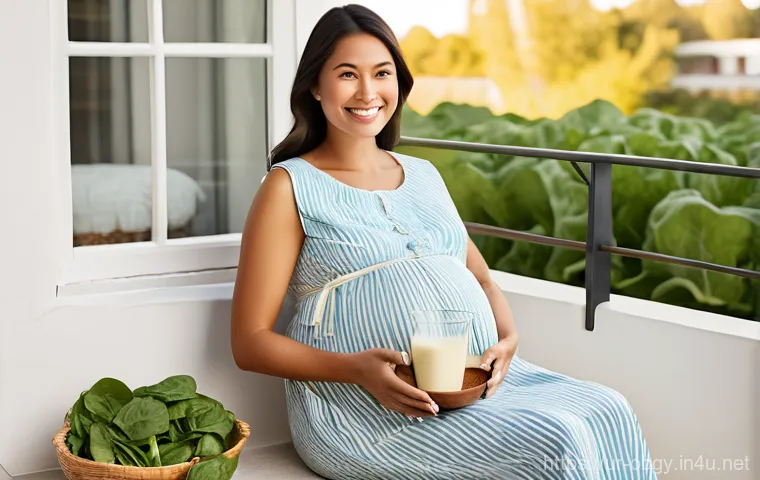 임신 중 필요한 영양제와 복용 시기 - **Prompt:** A serene, young pregnant woman in her first trimester, with a subtle baby bump, gently c...