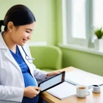 Home 19 임신 중 소변 검사에서 확인하는 항목 - **Prompt: Serene Antenatal Check-up**
"A pregnant woman, in her late second trimester, with a ge...