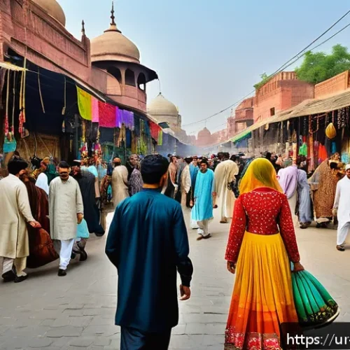 Home 17 자연 유산과 인공 유산 차이 - A vibrant street scene in Lahore showcasing a diverse group of people wearing traditional Pakistani ...