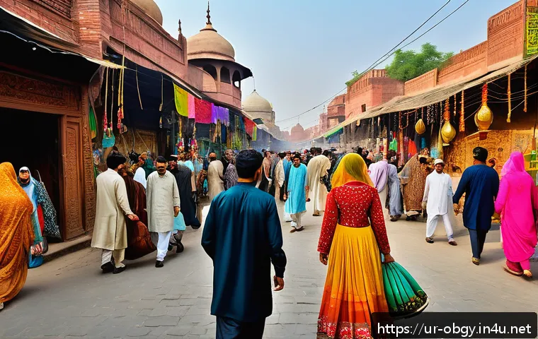 자연 유산과 인공 유산 차이 - A vibrant street scene in Lahore showcasing a diverse group of people wearing traditional Pakistani ...